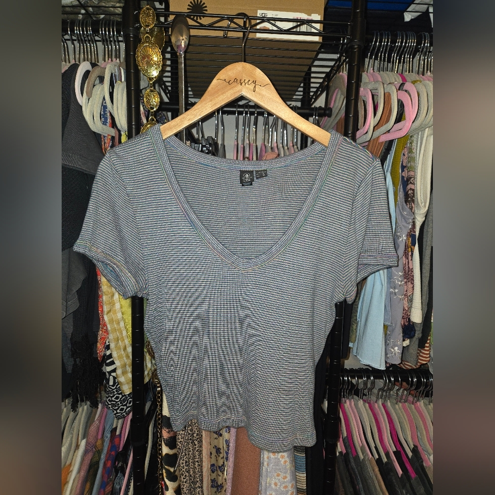 Volcom Striped Gray V-Neck Women's Top